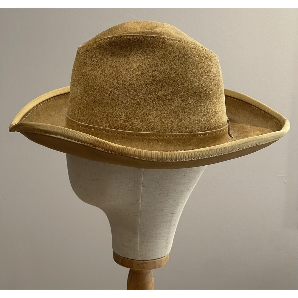 VTG Henschel Skullys Hat Cap Cowboy Men L Beige Suede Leather Lined Wide Brim - Picture 2 of 8